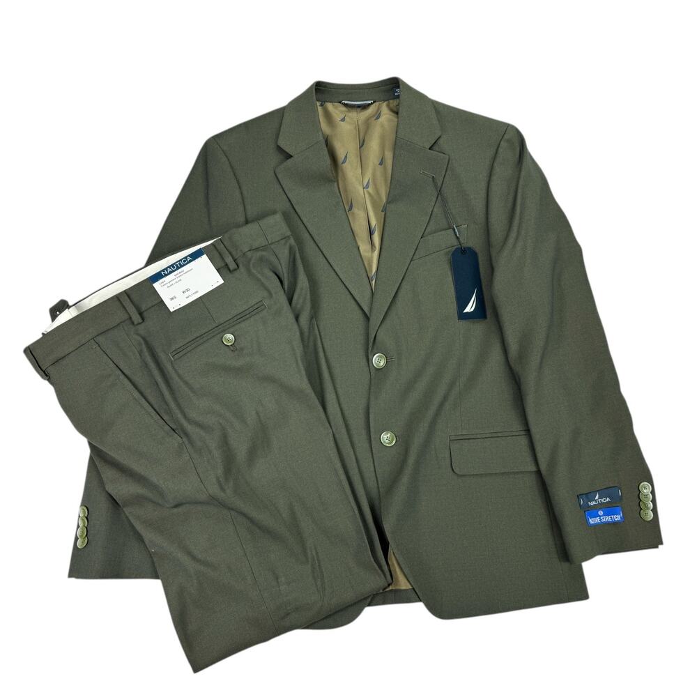Nautica Mens 2-Piece Modern Fit Active Stretch Solid Suit Olive Green 36S 30W